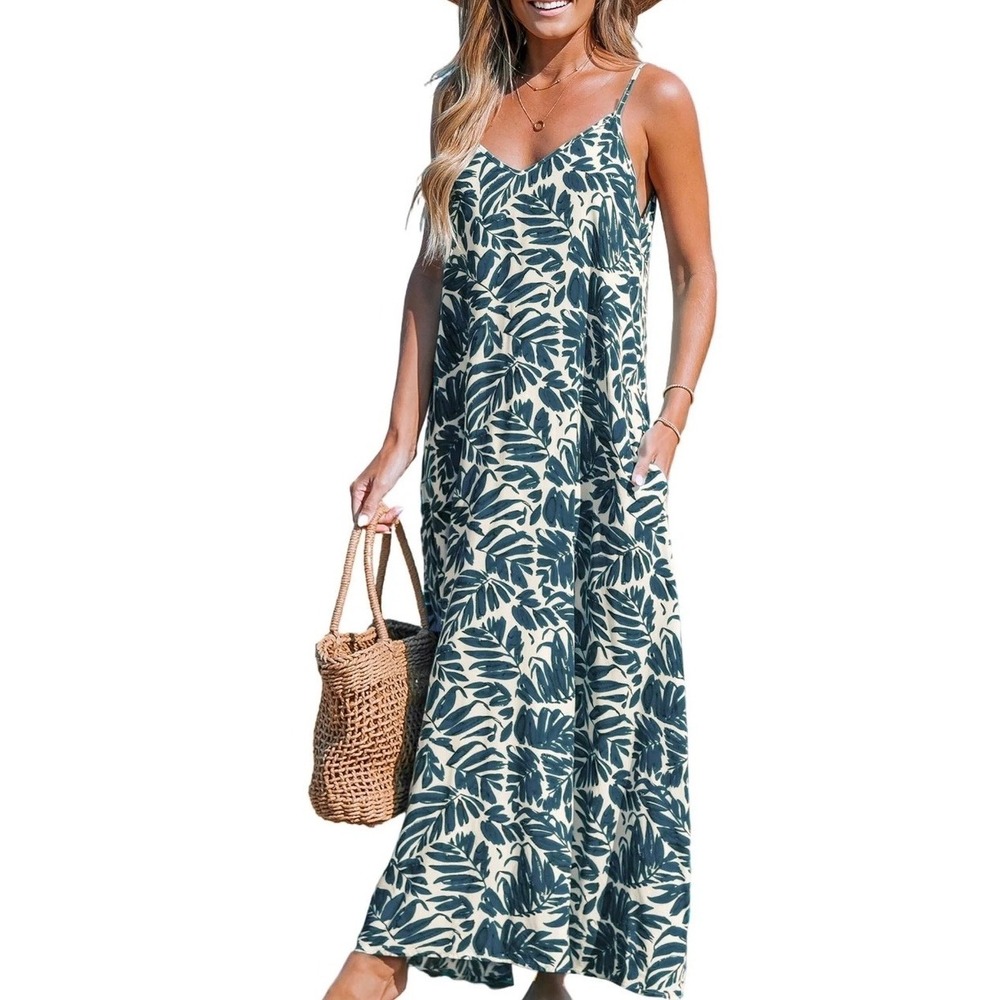 CUPSHE Women Navy White Tropical Leaf Print V-Neck Maxi Dress with Pockets Sz M